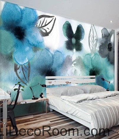 Abstract Watercolor Blue Flowers IDCWP-000072 Wallpaper Wall Decals Wall Art Print Mural Home Decor Gift