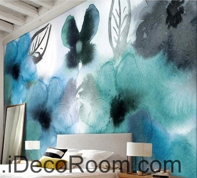 Image of Abstract Watercolor Blue Flowers IDCWP-000072 Wallpaper Wall Decals Wall Art Print Mural Home Decor Gift