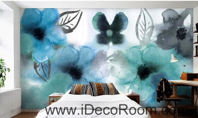 Abstract Watercolor Blue Flowers IDCWP-000072 Wallpaper Wall Decals Wall Art Print Mural Home Decor Gift