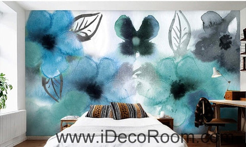 Image of Abstract Watercolor Blue Flowers IDCWP-000072 Wallpaper Wall Decals Wall Art Print Mural Home Decor Gift