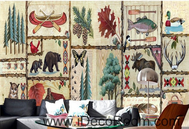Retro Pictrues Forest Animals Tree IDCWP-000073 Wallpaper Wall Decals Wall Art Print Mural Home Decor Gift