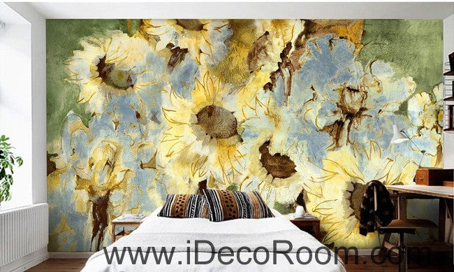 Abstract Yellow Sunflowers Flower IDCWP-000074 Wallpaper Wall Decals Wall Art Print Mural Home Decor Gift