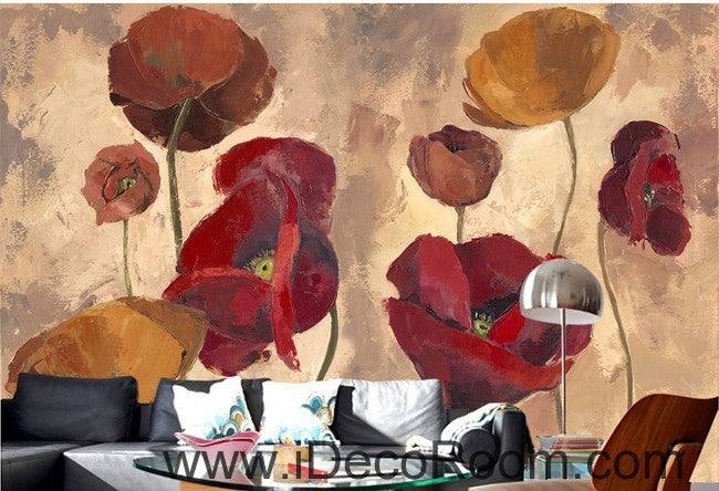 Pink Red Brown Poppy Flower IDCWP-000078 Wallpaper Wall Decals Wall Art Print Mural Home Decor Gift