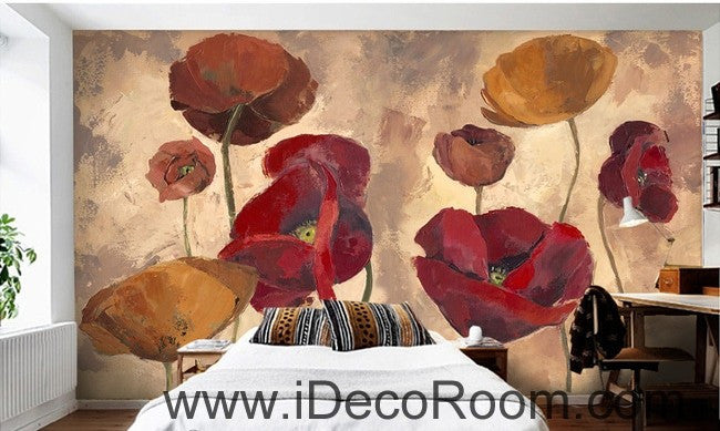 Pink Red Brown Poppy Flower IDCWP-000078 Wallpaper Wall Decals Wall Art Print Mural Home Decor Gift