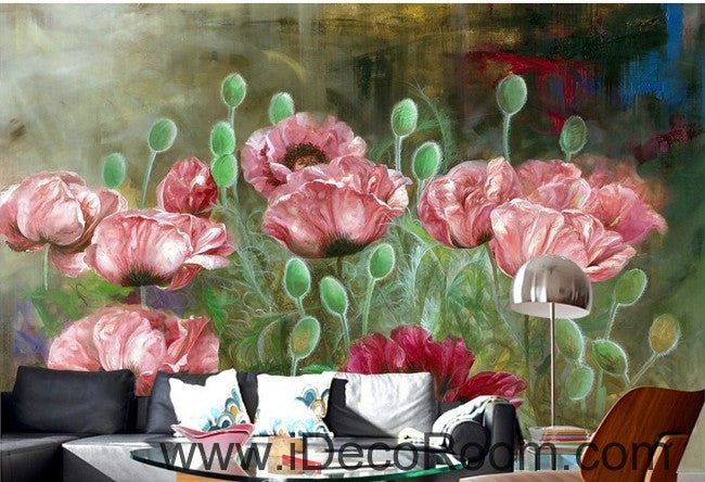 Pink Poppy Flower Illustration IDCWP-000081 Wallpaper Wall Decals Wall Art Print Mural Home Decor Gift