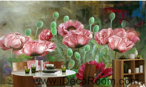 Image of Pink Poppy Flower Illustration IDCWP-000081 Wallpaper Wall Decals Wall Art Print Mural Home Decor Gift