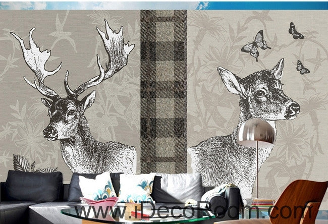 Retro Square Patterns Animals Red Deer Butterfly oil painting effect wallpaper wall mural