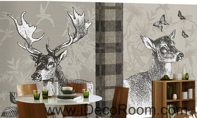 Retro Square Patterns Animals Red Deer Butterfly oil painting effect wallpaper wall mural