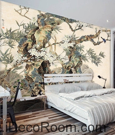 Image of Retro Kutai old tree pine tree branches on the magpie bird painting wallpaper wall mural