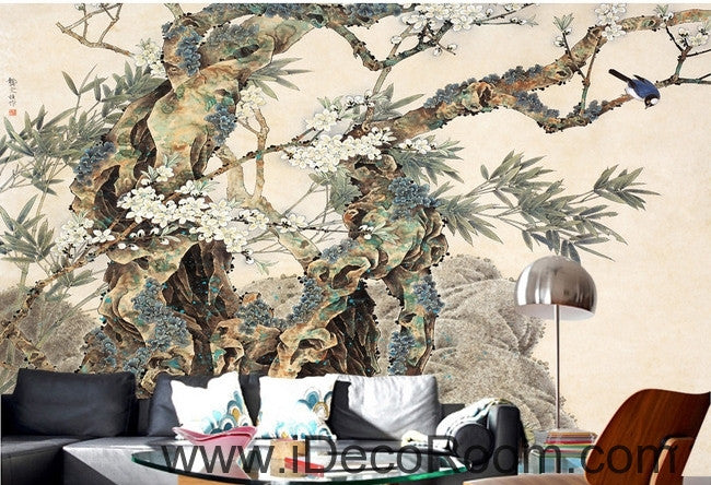 Retro Kutai old tree pine tree branches on the magpie bird painting wallpaper wall mural