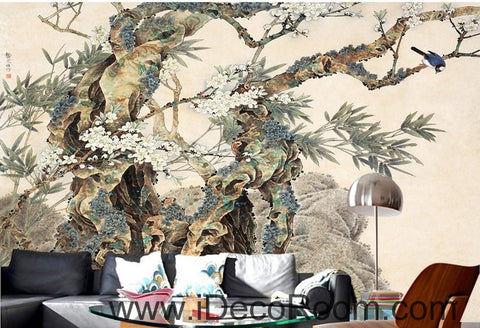Image of Retro Kutai old tree pine tree branches on the magpie bird painting wallpaper wall mural