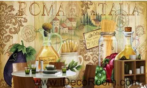 Image of European style retro chopsticks eggplant chili kitchen oil painting effect wallpaper wall mural