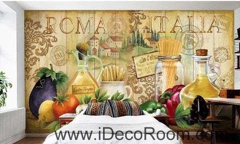 Image of European style retro chopsticks eggplant chili kitchen oil painting effect wallpaper wall mural
