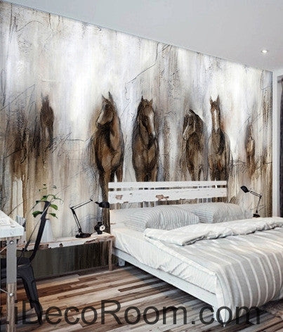 Retro abstract horses runing oil painting effect wallpaper wall mural