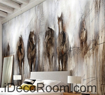 Retro abstract horses runing oil painting effect wallpaper wall mural