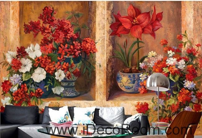 Beautiful dream gorgeous blooming red flower pots oil painting effect wall art wall decor mural wallpaper wall  IDCWP-000089