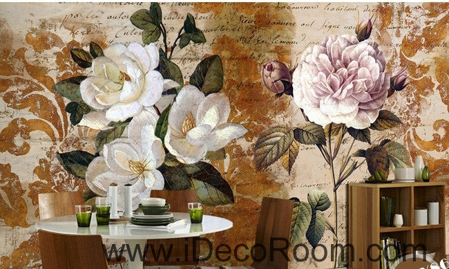 Retro Pattern Flower Rose Tea Flower Peony oil painting effect wall art wall decor mural wallpaper wall  IDCWP-000090