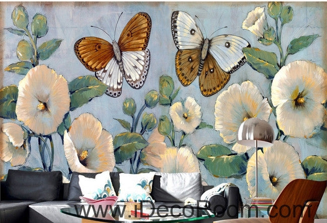 Beautiful Dream Romantic Fresh Blue Hibiscus Baba Butterfly wall art wall decor mural wallpaper wall  IDCWP-000091