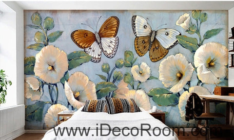 Image of Beautiful Dream Romantic Fresh Blue Hibiscus Baba Butterfly wall art wall decor mural wallpaper wall  IDCWP-000091