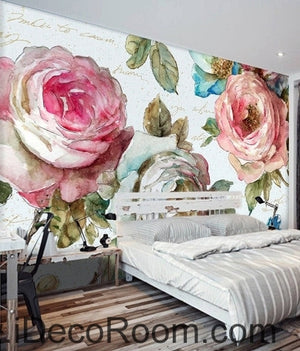European style garden flowers bloom pink roses oil painting effect wall art wall decor mural wallpaper wall  IDCWP-000092