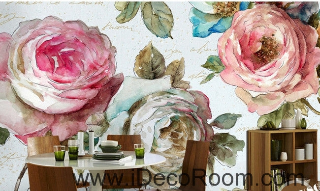 European style garden flowers bloom pink roses oil painting effect wall art wall decor mural wallpaper wall  IDCWP-000092