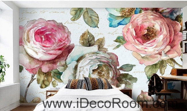 European style garden flowers bloom pink roses oil painting effect wall art wall decor mural wallpaper wall  IDCWP-000092