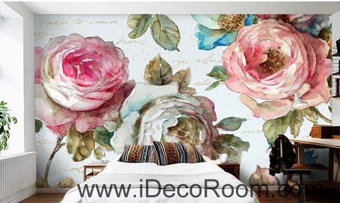 Image of European style garden flowers bloom pink roses oil painting effect wall art wall decor mural wallpaper wall  IDCWP-000092
