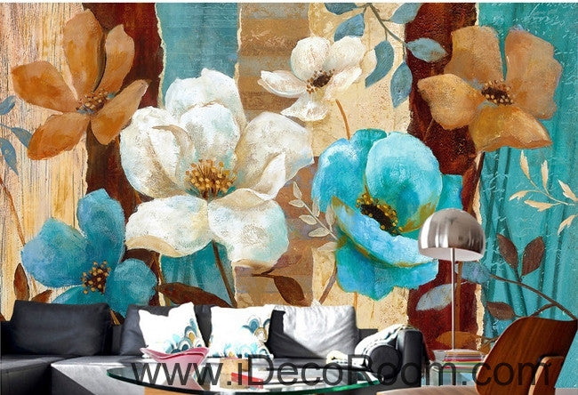 European style fresh and beautiful bloom roses camellia oil painting effect wall art wall decor mural wallpaper wall  IDCWP-000093