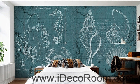 Fantasy fresh blue and white lines abstract sea hippocampus octopus wall art wall decor mural wallpaper wall  IDCWP-000094