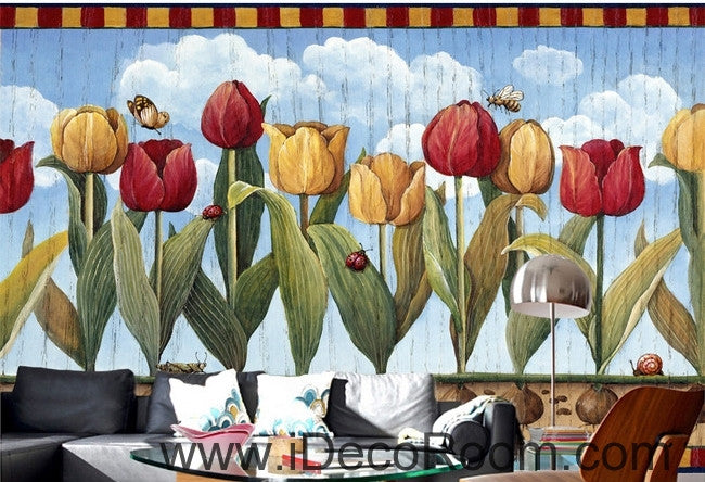 European style retro pastoral blue sky white clouds tulip oil painting effect wall art wall decor mural wallpaper wall  IDCWP-000097