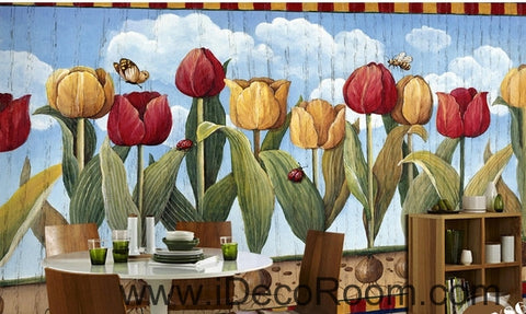 Image of European style retro pastoral blue sky white clouds tulip oil painting effect wall art wall decor mural wallpaper wall  IDCWP-000097