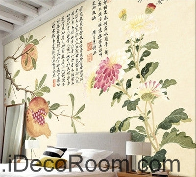 Retro Pomegranate Flower Fruit Chinese Painting wall art wall decor mural wallpaper wall  IDCWP-000101