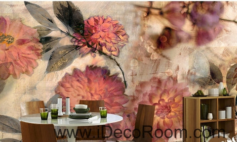 European style retro abstract pink blooming flower hydrangea oil painting effect wall art wall decor mural wallpaper wall  IDCWP-000107