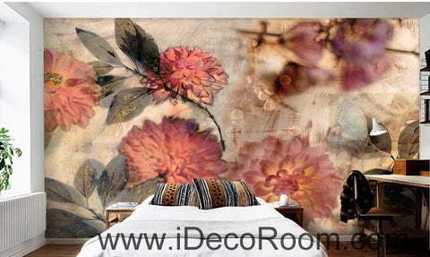 Image of European style retro abstract pink blooming flower hydrangea oil painting effect wall art wall decor mural wallpaper wall  IDCWP-000107