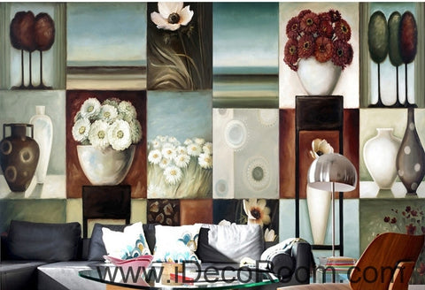 Image of Retro Square Pattern Flower Still Life Bonsai oil painting effect wall art wall decor mural wallpaper wall  IDCWP-000110