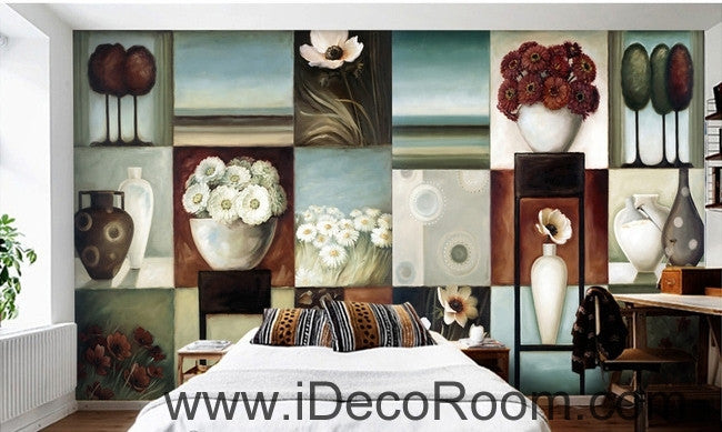 Retro Square Pattern Flower Still Life Bonsai oil painting effect wall art wall decor mural wallpaper wall  IDCWP-000110