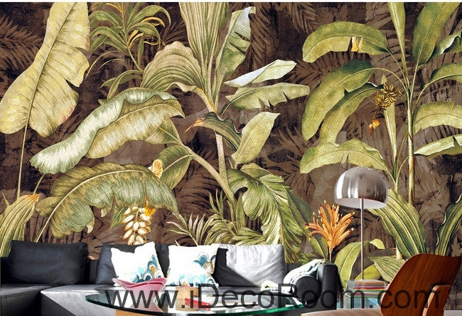 Retro tropical plants banana leaves banana flowers oil painting effect wall art wall decor mural wallpaper wall  IDCWP-000111