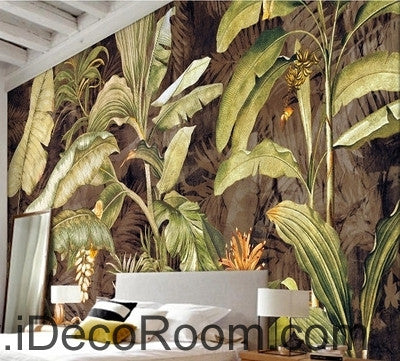 Image of Retro tropical plants banana leaves banana flowers oil painting effect wall art wall decor mural wallpaper wall  IDCWP-000111