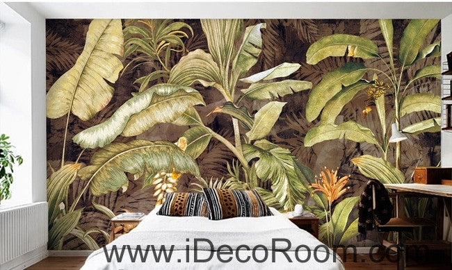 Retro tropical plants banana leaves banana flowers oil painting effect wall art wall decor mural wallpaper wall  IDCWP-000111