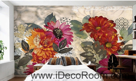 Image of European style retro colorful flowers in full bloom wall art wall decor mural wallpaper wall  IDCWP-000113