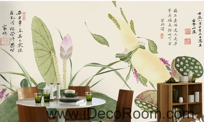 Beautiful and fresh light green lotus lotus leaf lotus flower painting wall art wall decor mural wallpaper wall  IDCWP-000117