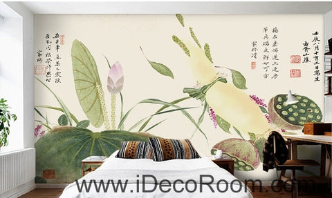 Image of Beautiful and fresh light green lotus lotus leaf lotus flower painting wall art wall decor mural wallpaper wall  IDCWP-000117