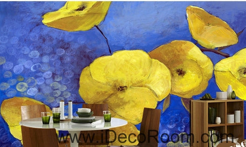 Image of A fresh and fresh dream blue sky in full bloom yellow poppy oil painting effect wall art wall decor mural wallpaper wall  IDCWP-000124
