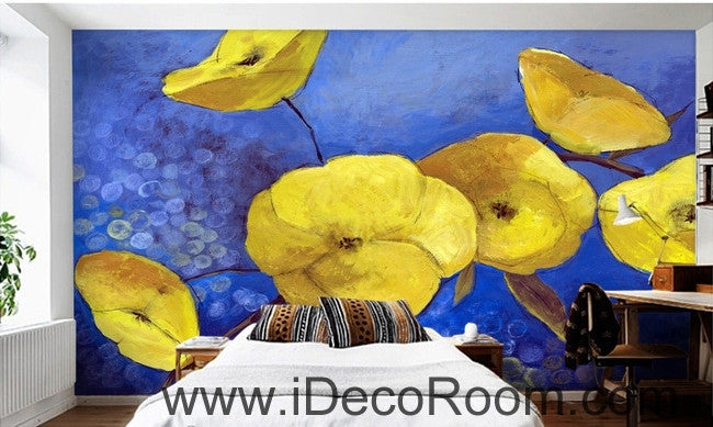 A fresh and fresh dream blue sky in full bloom yellow poppy oil painting effect wall art wall decor mural wallpaper wall  IDCWP-000124