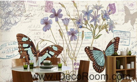 Image of Fresh and beautiful flowers Butterfly Hydrangea English oil painting effect wall art wall decor mural wallpaper wall  IDCWP-000127