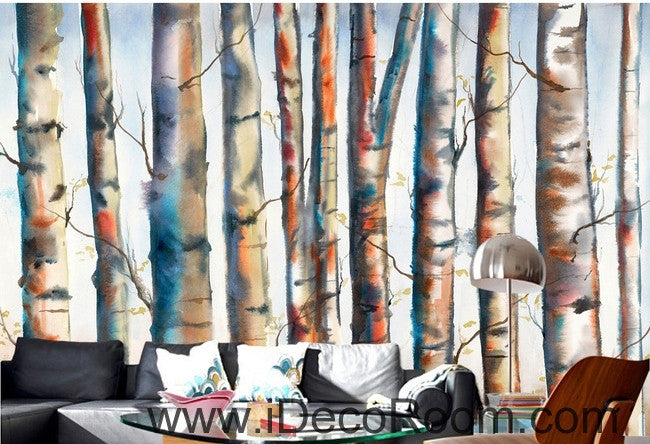 Fantasy fresh light blue white abstract birch forest tree oil painting effect wall art wall decor mural wallpaper wall  IDCWP-000129