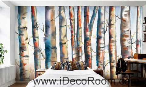Image of Fantasy fresh light blue white abstract birch forest tree oil painting effect wall art wall decor mural wallpaper wall  IDCWP-000129