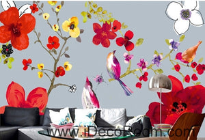 Beautiful and beautiful dream red flowers floral bird magpie oil painting effect wall art wall decor mural wallpaper wall  IDCWP-000132