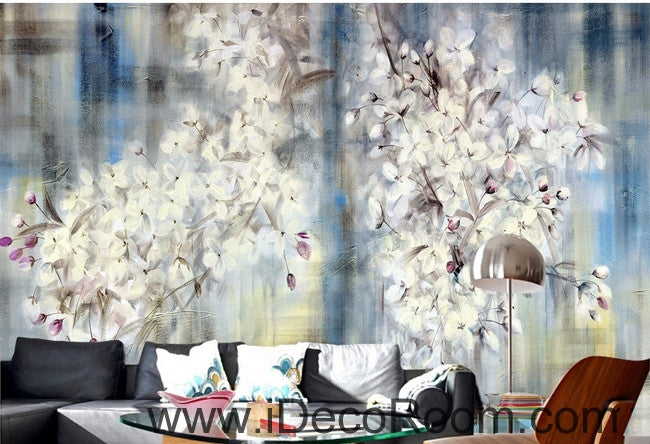 Beautiful fresh blue sky in full bloom white lyrical flower hydrangea wall art wall decor mural wallpaper wall  IDCWP-000133