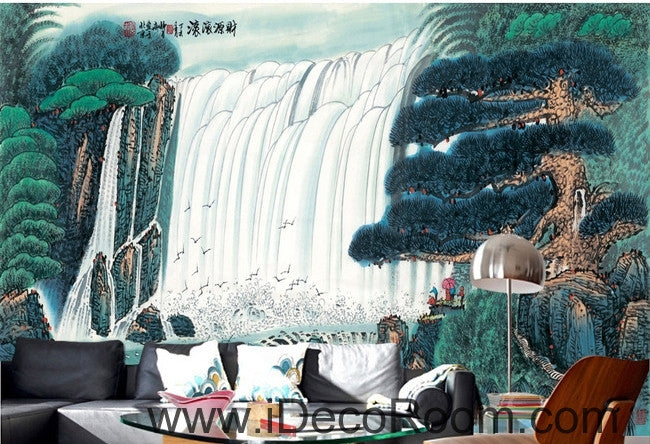Pine Waterfall Water and Fortune Treasure Basin wall art wall decor mural wallpaper wall  IDCWP-000137